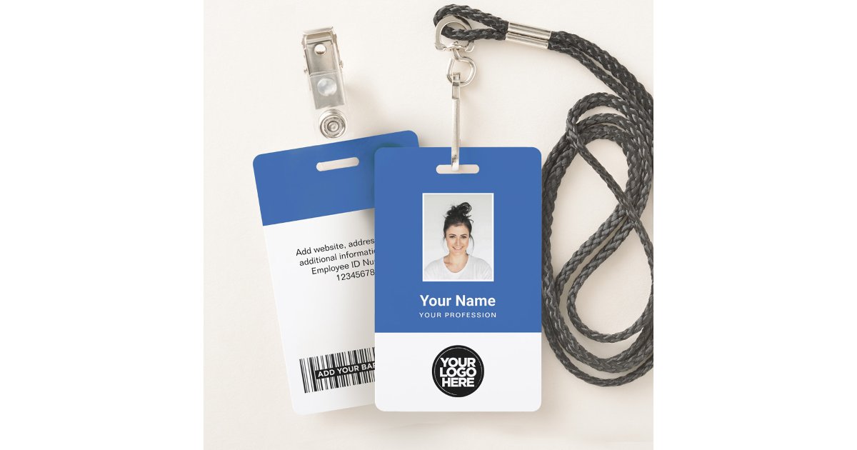 Custom Blue Employee Photo, Bar Code, Logo, Name Badge | Zazzle