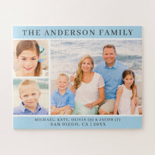 Custom Blue Family Photo Collage Monogram Jigsaw Puzzle