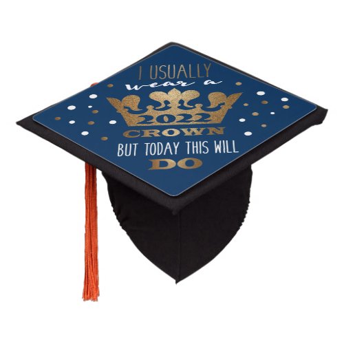 Custom blue Faux Gold Glitter Crown Graduation Graduation Cap Topper