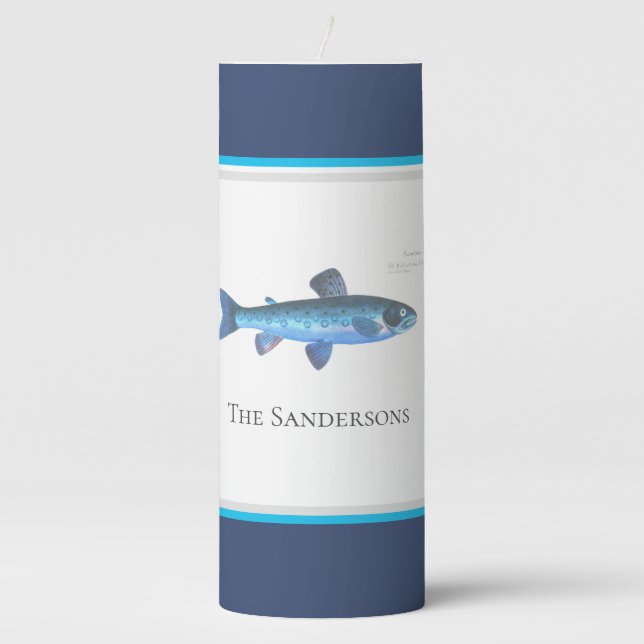 Custom Blue Fish Modern Coastal Navy Teal  Pillar Candle (Front)