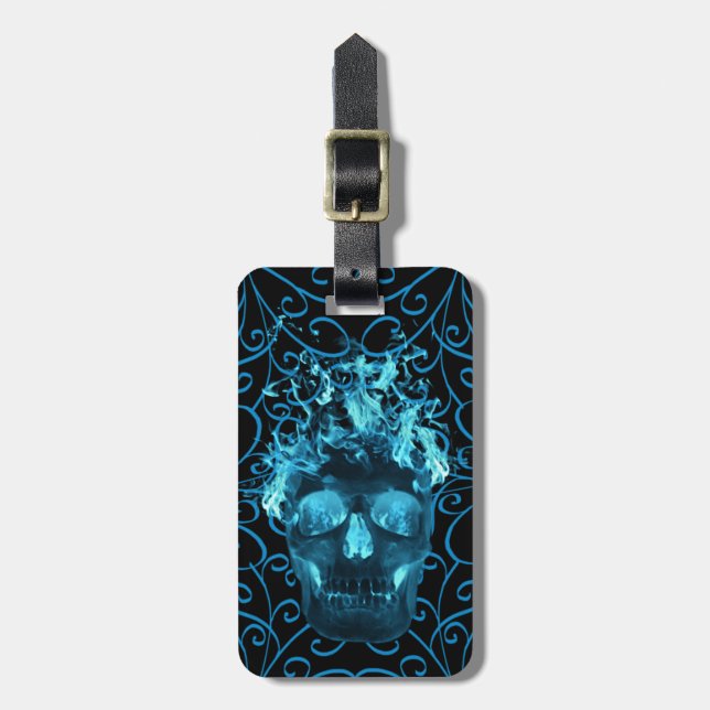 Custom Blue Flame Skull Luggage Tag (Front Vertical)