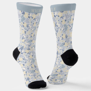 Custom Blue Floral Beige Pink Flowers Pattern Socks