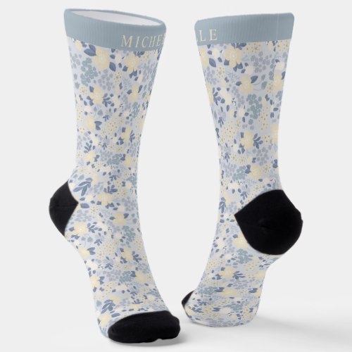 Custom Blue Floral Beige Pink Flowers Pattern Socks