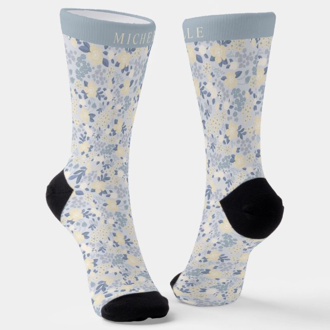 Custom Blue Floral Beige Pink Flowers Pattern Socks (Angled)