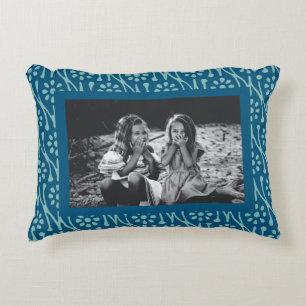 Custom Blue Floral Border Family Photo Keepsake Accent Pillow