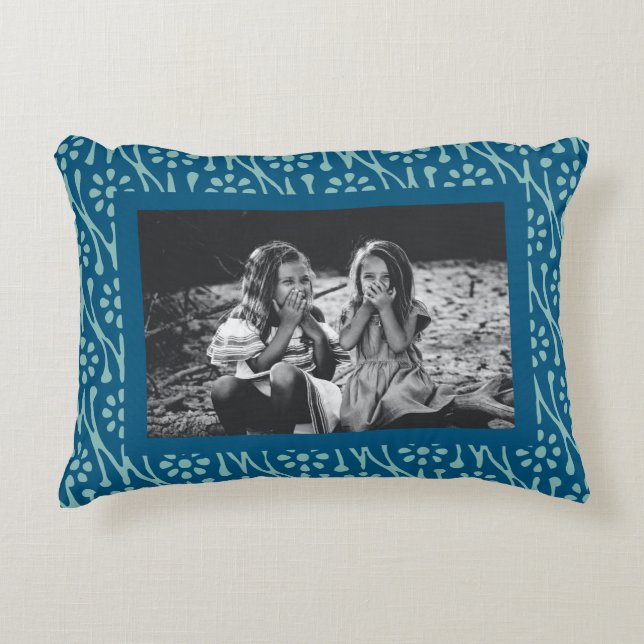 Custom Blue Floral Border Family Photo Keepsake Accent Pillow (Front)
