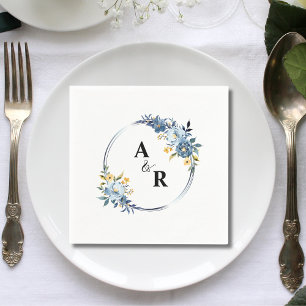 Custom Blue Floral Botanical Monogram Wedding Napkins