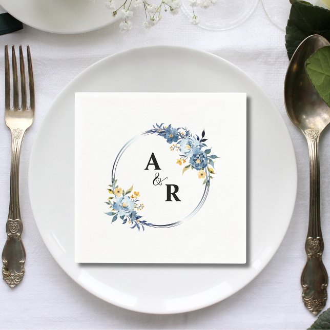 Custom Blue Floral Botanical Monogram Wedding Napkins (Custom blue floral botanical monogram wedding napkins add elegant personalized charm to receptions.)
