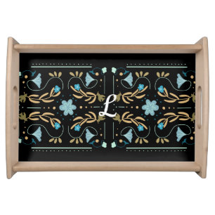 Custom Blue Floral Folk Art Serving Tray