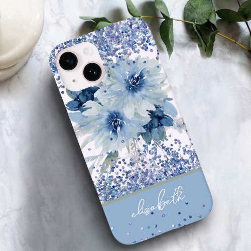 Custom Blue Floral Glitter Personalized Name Case_Mate iPhone 14 Case