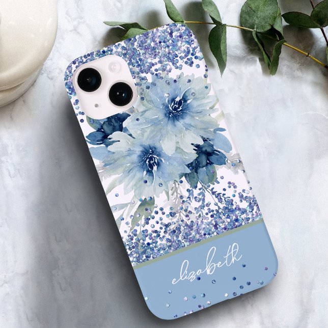 Custom Blue Floral Glitter Personalized Name Case-Mate iPhone Case (Creator Uploaded)