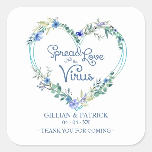 Custom Blue Floral Heart Wedding Sanitizer Gel Square Sticker