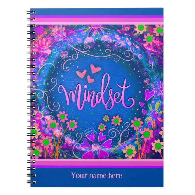 Custom Blue Floral Hearts Mindset Fun Colorful Notebook (Front)