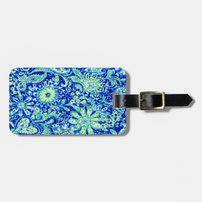 Custom Blue Floral Luggage Tag (Front Horizontal)