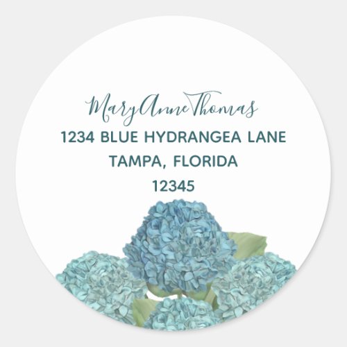 Custom Blue Floral Return Address Simple Hydrangea Classic Round Sticker