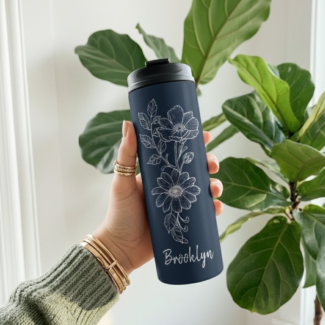 Custom Blue Floral Tumbler Gift for Bridesmaids (Deep Blue Wildflower Tumbler Bridesmaid Gift for Her, Custom Floral Thermal Tumbler Gift for Women)