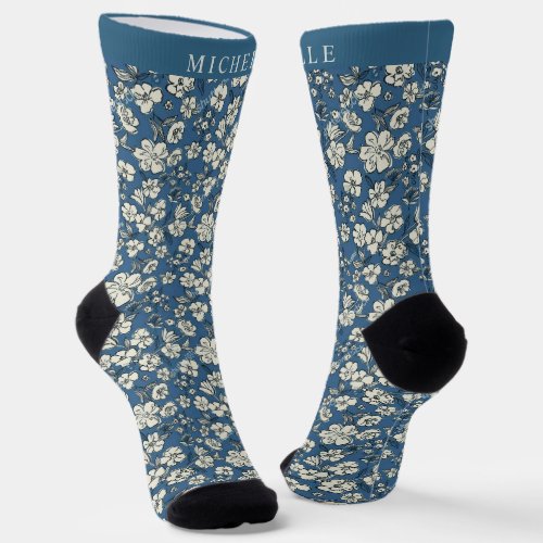 Custom Blue Floral White Grey Flowers Pattern Socks