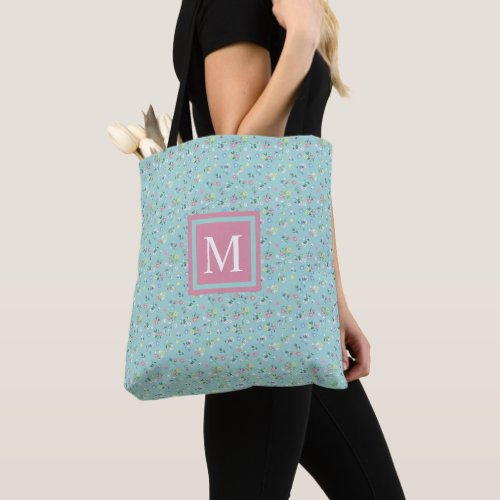 Custom Blue Floral White Pink Flowers Tote Bag
