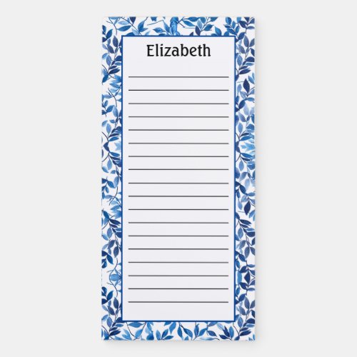 Custom Blue Flowers Pattern Lined Magnetic Notepad