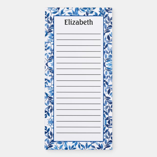 Custom Blue Flowers Pattern Lined Magnetic Notepad (Front)