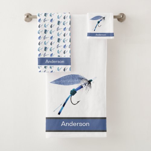Custom Blue Fly Fishing Flies Coastal Bathroom Bath Towel Set