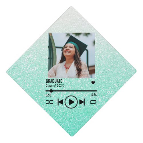 Custom Blue Glitter Graduate Photo Song Playlist Graduation Cap Topper