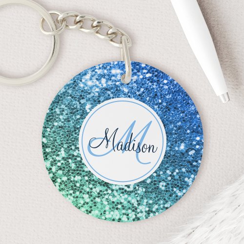 Custom Blue Glitter Mermaid Monogrammed Name Keychain