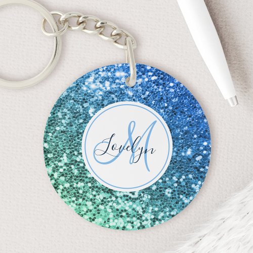 Custom Blue Glitter Mermaid Monogrammed Name Keychain