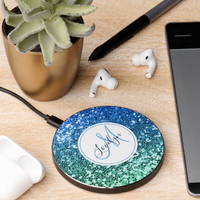 Custom Blue Glitter Mermaid Monogrammed Name Wireless Charger (Desk 2)