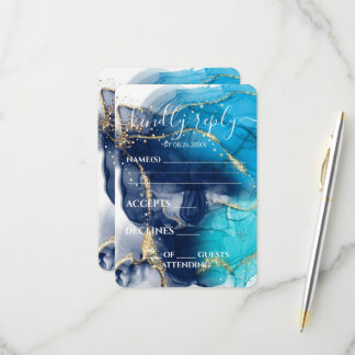 Custom Blue Gold Alcohol Ink Wedding RSVP Card