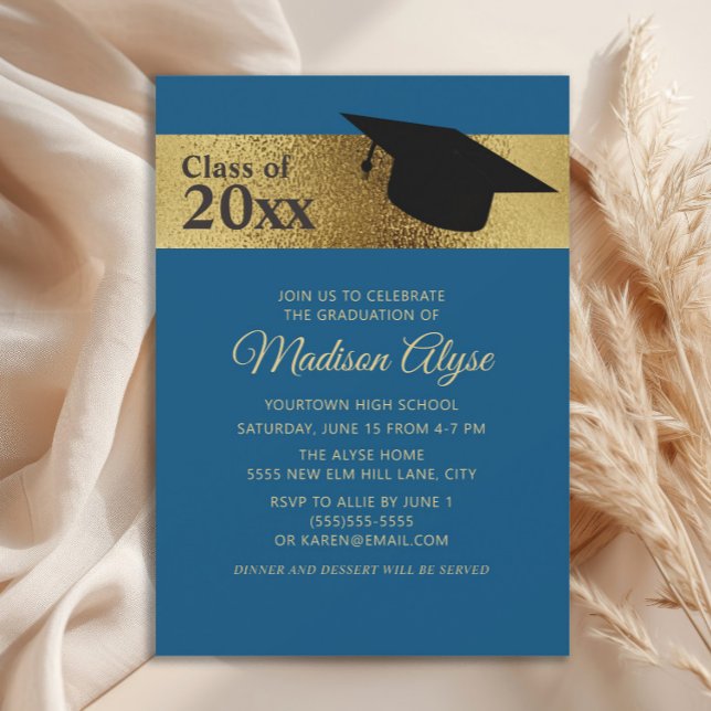 Custom Blue Gold Black Cap Class of Graduation Invitation (Blue and gold graduation cap graduation party invitation)