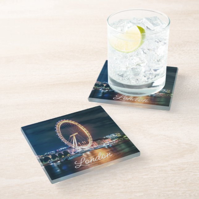 Custom Blue Gold Cityscape Night Travel London Glass Coaster (Angled)