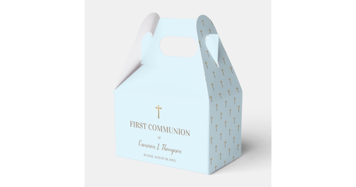 Custom Blue Gold cross Boy First holy communion Favor Boxes | Zazzle