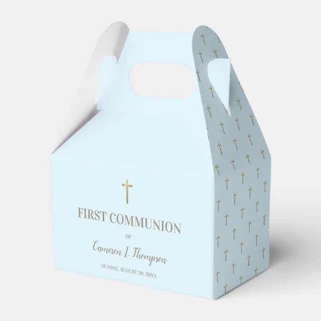 Custom Blue Gold cross Boy First holy communion Favor Boxes | Zazzle