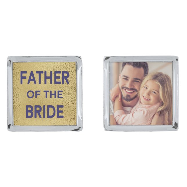 Custom Blue Gold Father Bride Photo Wedding Cufflinks (Front)