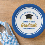 Custom Blue Gold Graduate 2024 Graduation Party Paper Plates<br><div class="desc">These modern blue and gold custom graduation party plates feature classy typography of your university or college name for the class of 2024. Customize with your graduating year next to the chic handwritten script and black grad cap for great personalized congratulations graduate party decor.</div>