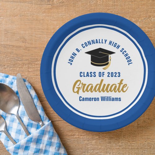 Custom Blue Gold Graduate 2024 Graduation Party Paper Plates