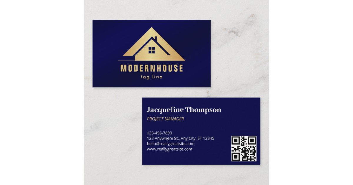 Custom Blue + Gold Home Building Construction Lux Business Card | Zazzle