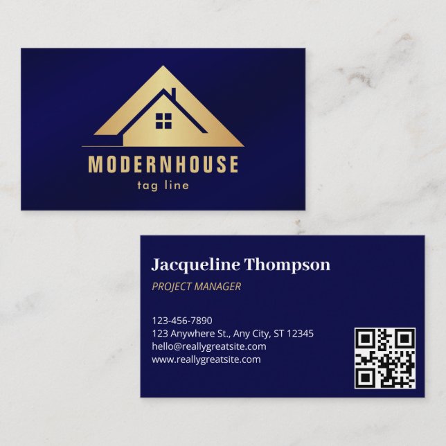 Custom Blue + Gold Home Building Construction Lux  Business Card (Front/Back)