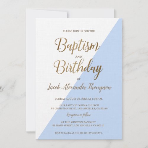 Custom Blue Gold Joint Baptism and Birthday  Invitation