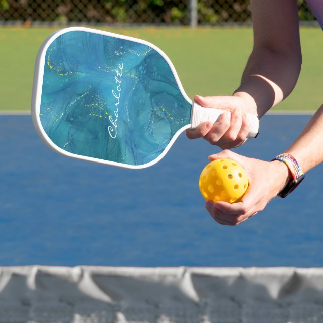 Custom Blue Gold Marble Pattern Pickleball Paddle (Insitu)