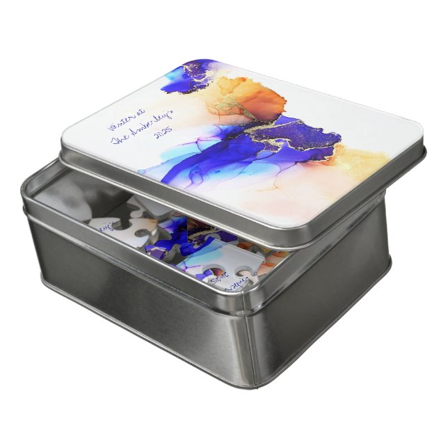 Custom Blue Gold Orange Abstract Jigsaw Puzzle (Lid Open)