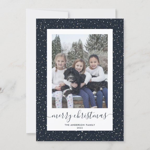 Custom Blue Gold Snowy Photo Merry Christmas Cards