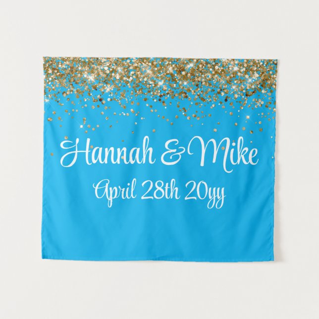 Custom Blue Gold Wedding Backdrop Photo Booth Prop (Front (Horizontal))