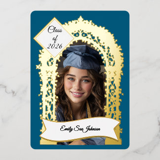 Custom Blue Grad Party Invitation Photo Collage Foil Invitation