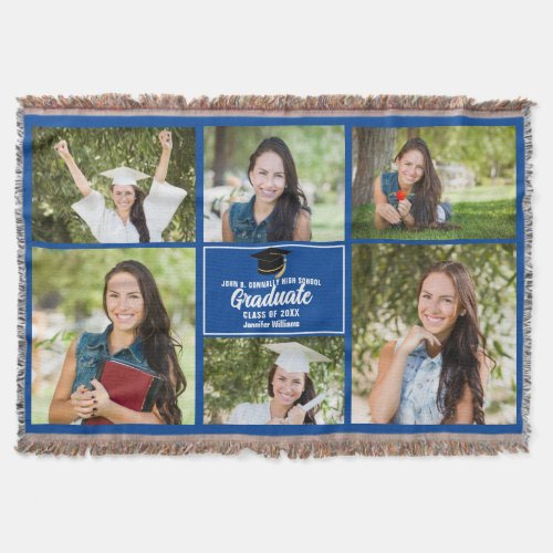 Custom Blue Graduate Photo Collage 2024 Graduation Throw Blanket