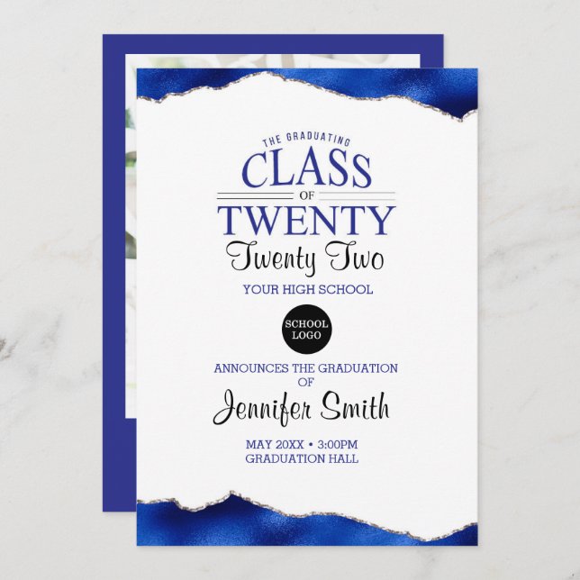 Custom Blue Graduation Invitation with Back Photo (Front/Back)