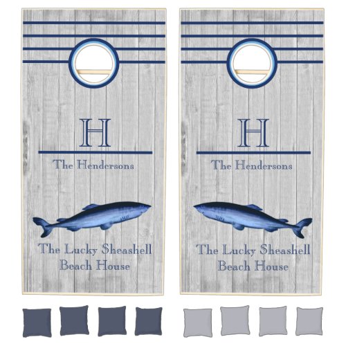 Custom Blue Great White Shark  Coastal Gray wood Cornhole Set