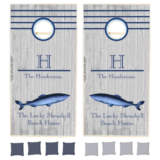 Custom Blue Great White Shark  Coastal Gray wood Cornhole Set (Set)
