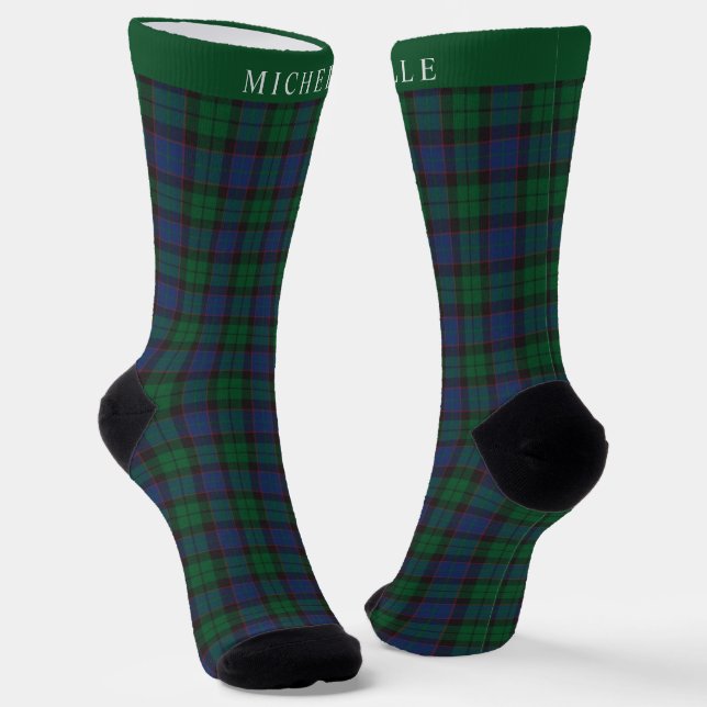 Custom Blue Green Black Checkered Pattern Socks (Angled)